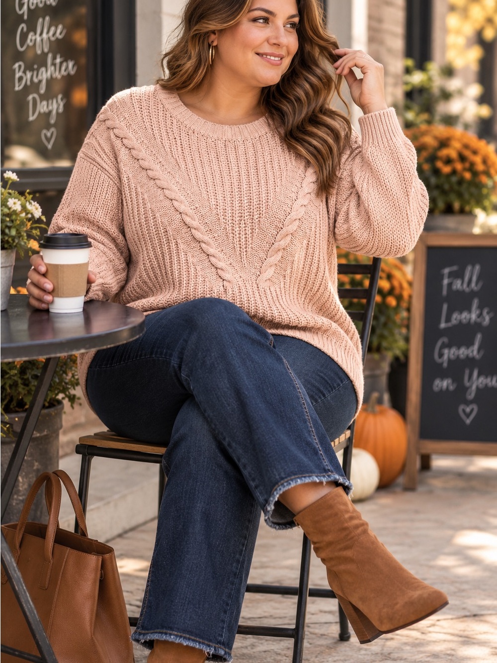 Ava & Viv 1X Blush Pink Cable Knit Pullover Sweater Cotton Wool Blend